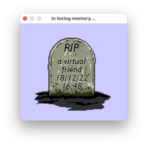 A screengrab of a Mac OS X window containing a pixelated image of a gravestone reading "RIP: a virtual friend".